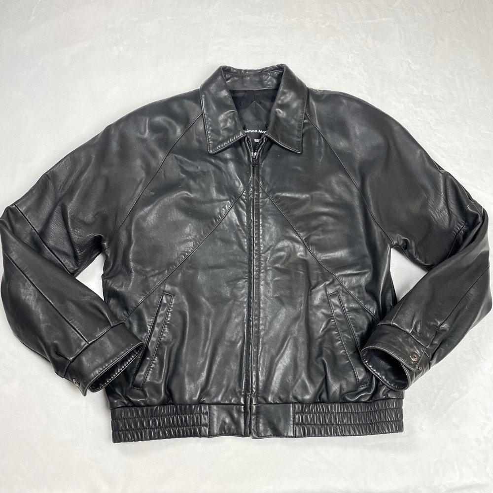 Neiman Marcus Bomber Jacket Men Large Black Good Vintage Shoulder Pads 42